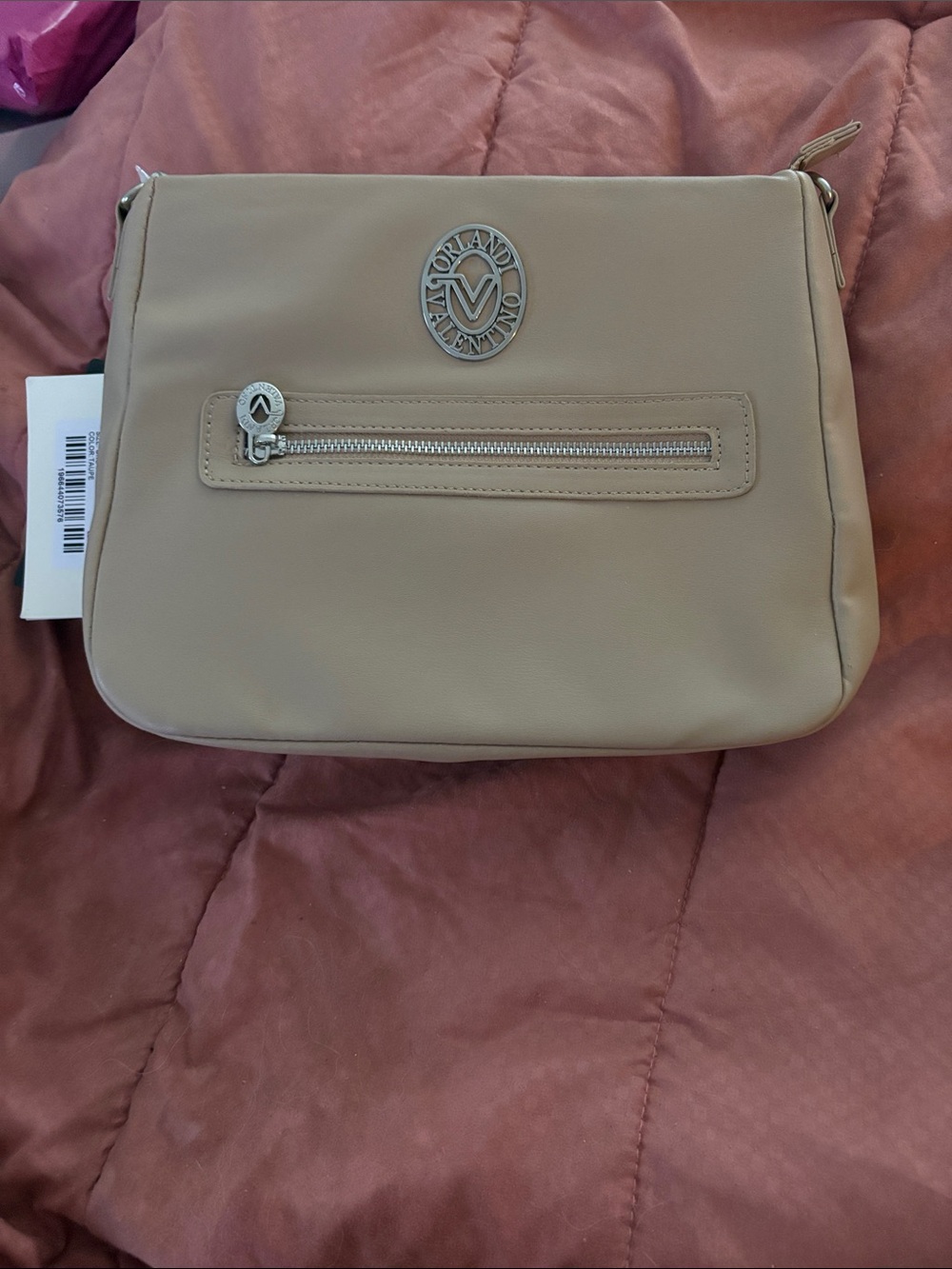 Valentino Beige Taupe Crossbody Bag with Silver V Emblem